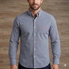 Polo Ralph Lauren Button Down Mens XL Navy White Gingham Classic Fit Long Sleeve