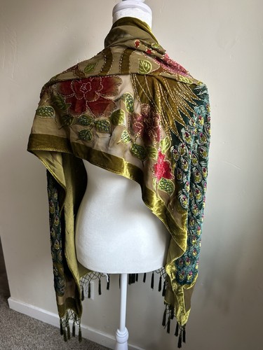SILK BURNOUT VELVET PONCHO SHAWL TOP Tassled Beaded Sheer Rogue Designers USA - Picture 12 of 23