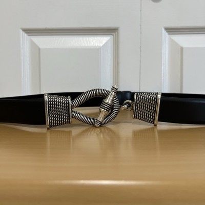 Chico's Black Leather Belt with Silver Rope-Style Toggle Hook Buckle Size M/L