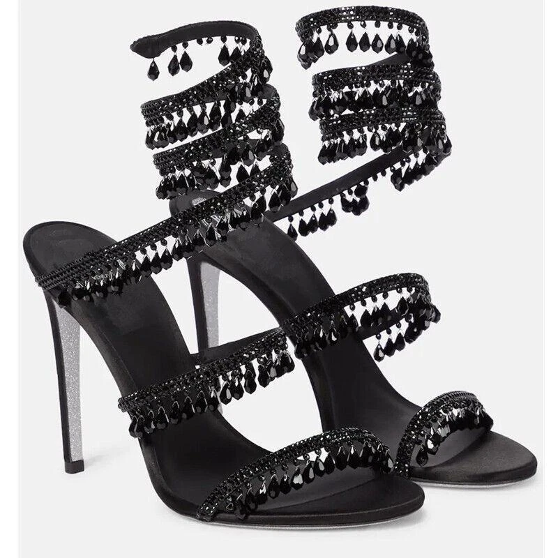 Women Glitter Crystal Rhinestone Tassels High Heel Stiletto Shoe Open Toe Sandal - Image 4 of 4