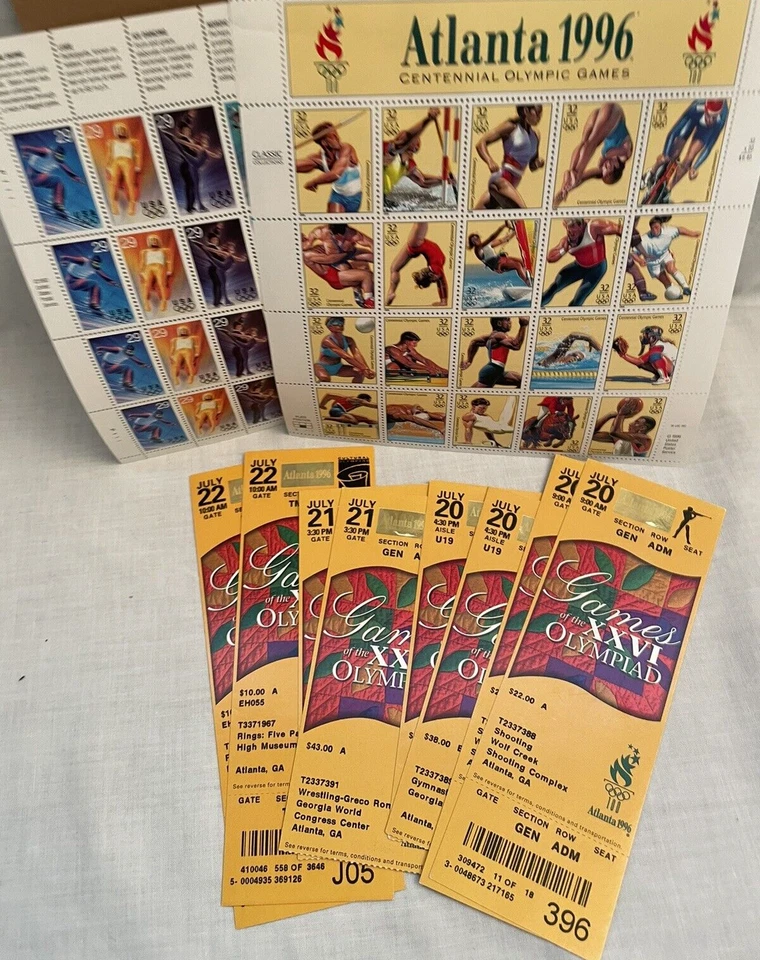 XXVI OLYMPIAD Adm Tickets x 8 + NEW Sheets stamp Olympic 1996+ Green Shot glass - Image 2 of 4