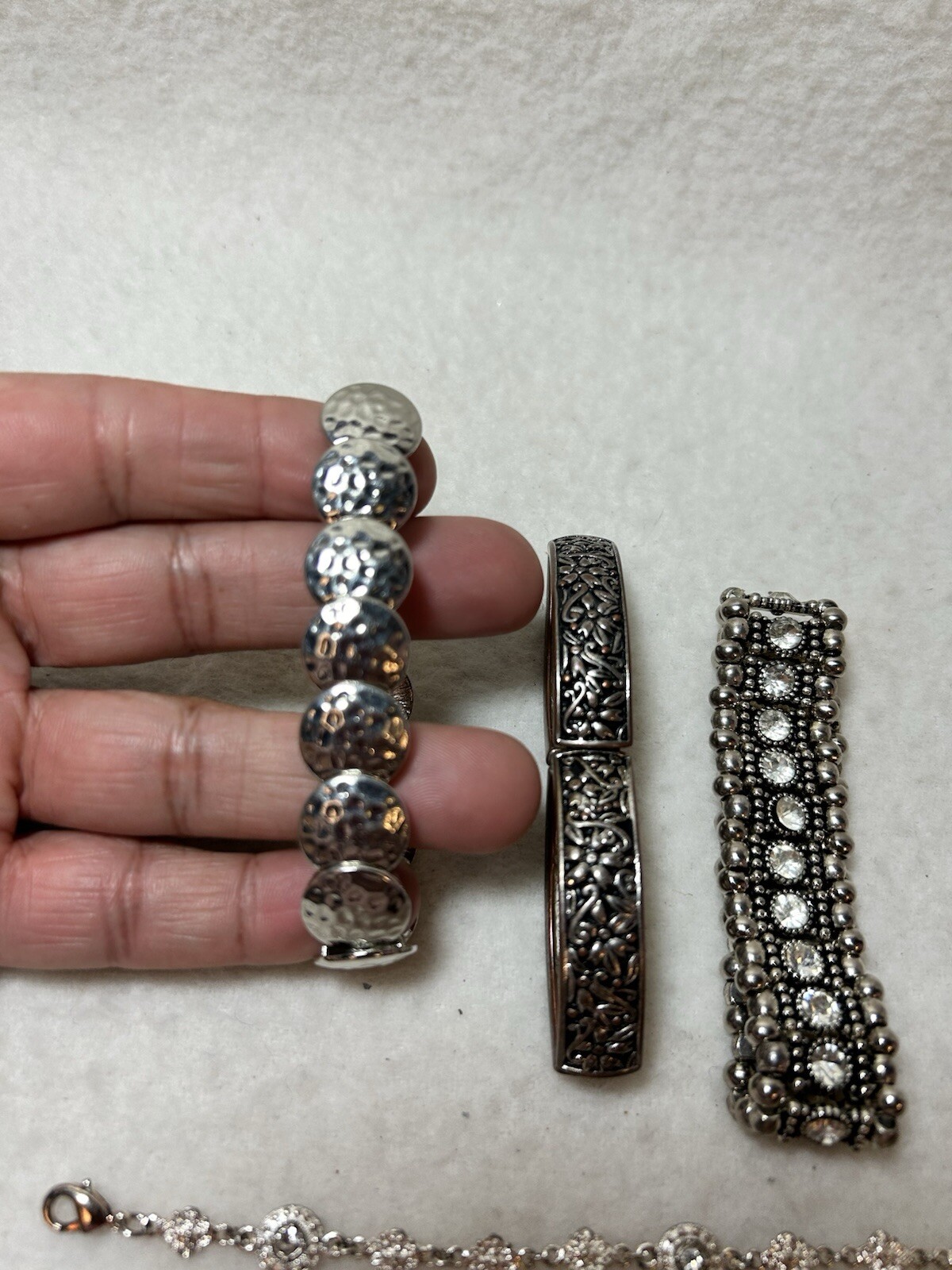 4 Silvertone Bracelets Hammered Stretch Crystal B… - image 3