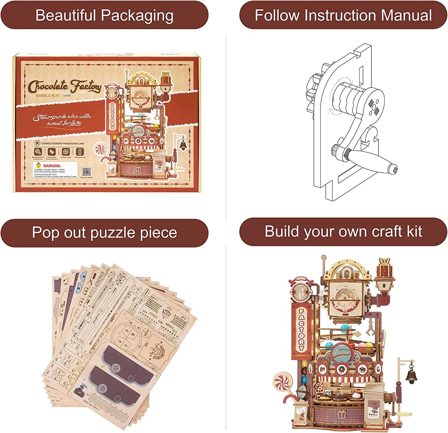 ROKR NEW Marble Run 3D Wooden Puzzles Chocolate Factory Model Building