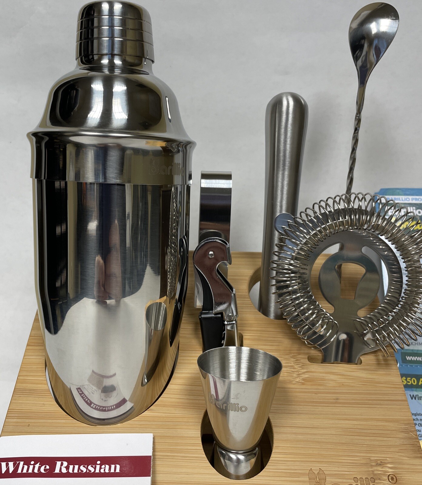 Barillio 10-Piece Mixology Bartender Kit w/ Bamboo Stand Silver Stainless Steel