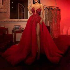Red Prom Dress Strapless 3D Floral Appliques High Slit Formal Evening Gown Train