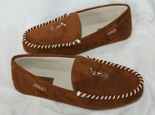 NIB Polo Ralph Lauren Men's Suede Polo Horse Moccasin Slippers Chestnut Brown