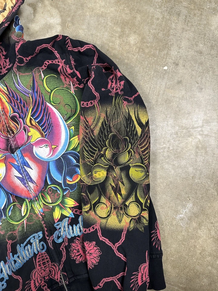 Christian Audigier Sudadera con Capucha Estampado Completo Estrás Cremallera Forrada Satinada Mediana Pequeña Foto 4 de 4