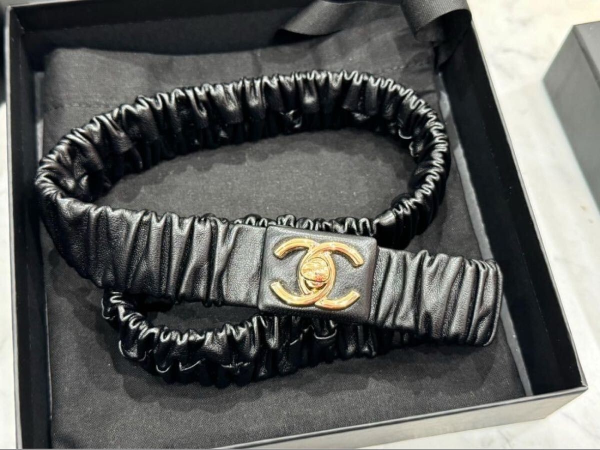 Limited Time Sale CHANEL CC Logo On Gold Buckle Elastic Leather