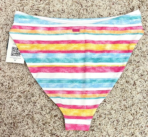 ROXY Women's L Island In The Sun Teal Pink Striped Swimsuit Bottom
