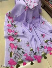 New Linen Cotton Sari With Unstitched Blouse Piece Party Wedding Wear For Women