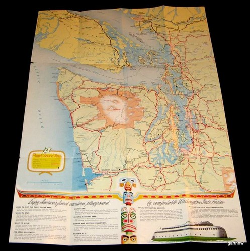 WASHINGTON STATE FERRIES 1954 PUGET SOUND FERRY PANORAMIQUE GUIDE PICTURAL ET CARTE - Photo 2/3