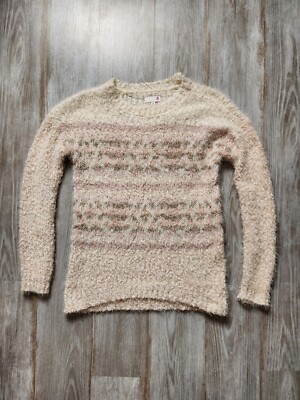 Kohl's SO Eyelash Sweater Cream Grey Pink Stripe Long Sleeve Soft Stretch Sz XS