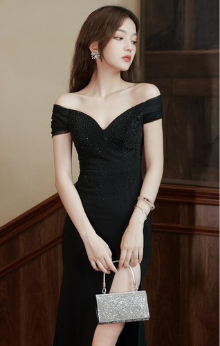 Wunderschönes sexy schulterfreies Glanz Diamanten Bodycon Fischschwanzkleid Abendkleider - Bild 5 von 11