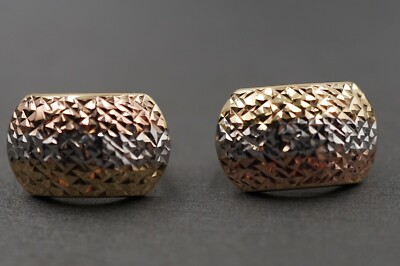 14K massive Gelbgold dreifarbige 10 mm Diamantschliff Creolen Halb Huggies Ohrringe.