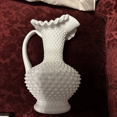 Vintage Fenton White Milk Glass Hobnail Ruffled Crimped Edge Water Pitcher