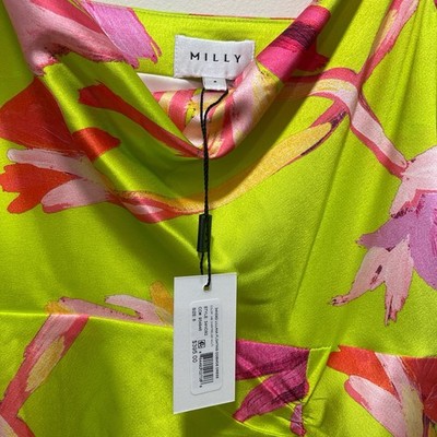 Milly Lillana Floating Cosmos Midi Slip Dress In Chartreuse Multi. Size 8