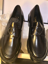 CHANEL Women Black Leather Slip-On Loafer Dress Shoes US 39C Logo Italy
