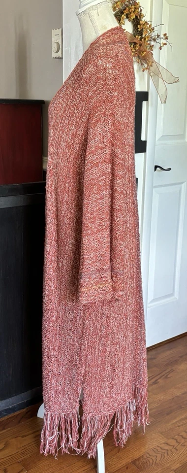 Easel Open Front Cardigan Maxi Duster Sz Lg Knit Weave Fringe Hem Autumn Colors - Image 3 of 4