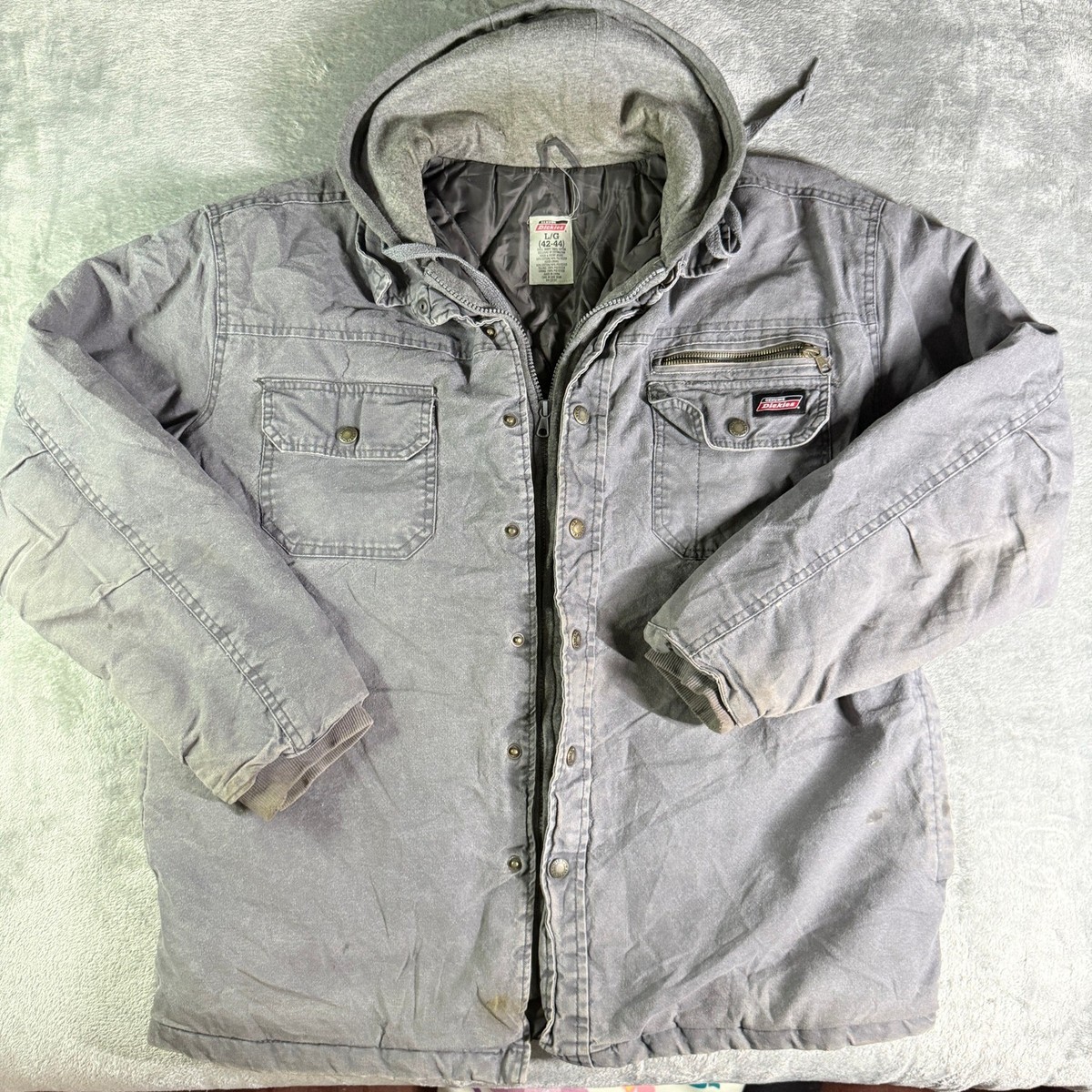 Dickies Mens Gray Lrg Distressed Hooded Quilted Lined Work Jacket Coat View 2