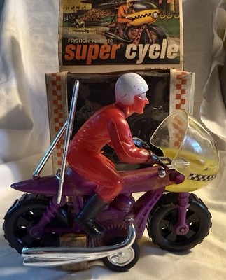 1970  Super Cycle Friction MOTORCYCLE Toy With Box Multiple Toymakers Hong Kong