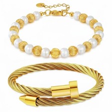 2PCS 18K Gold Plated Nail Bangle  Chain Bracelet Set for Women, Adjustable S...