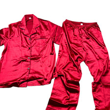 Womens Pajamas Set Medium Red Satin Straight Leg Collared Button Front Sleepwear