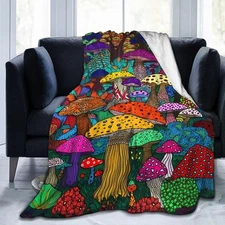 Cartoon Mushroom Throw Blanket Colorful Forest Soft Lightweight Flannel Blanket