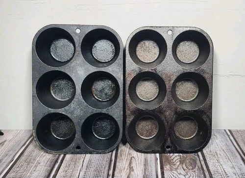 Vintage Lodge 5P2 Cast Iron 6 Cup Muffin Pan 8" x 5.25" Set of 2 Seasoned