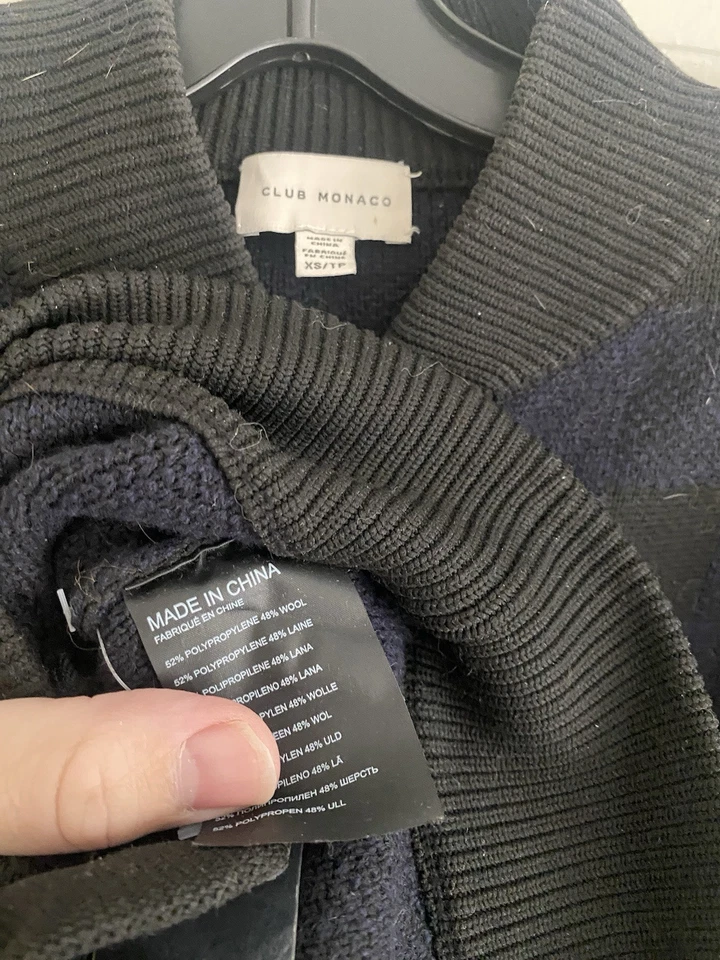 Club Monaco Blue Black Check Zip Thick Warm Wool Bomber Cardigan Sweater XS - Image 2 of 3