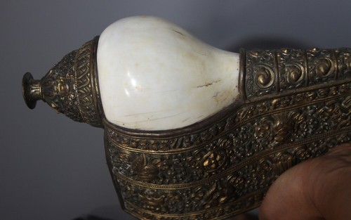 Real Rare Tibet Vintage Old Buddhist Copper Conch Horn Trumpet Dungdkar Shankha - Picture 8 of 18