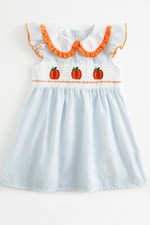 NEW Boutique Pumpkin Girls Embroidered Smocked Blue Dress