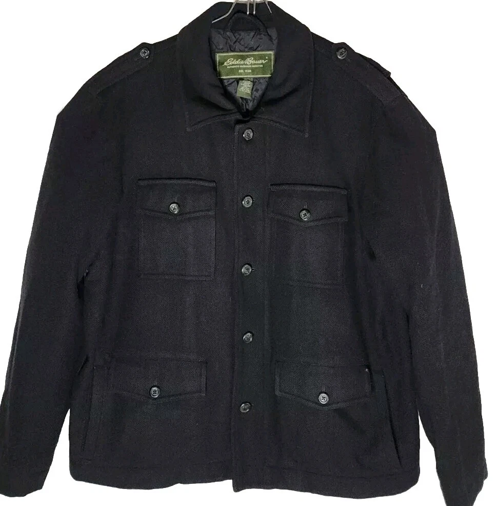 Eddie Bauer Men L Recycled Wool Blend Full Zip Black Outdoor Winter Warm Coat