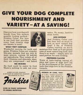 1954 Print Ad Friskies Dog Food Cubes & Cans Albers Milling Los Angeles,CA