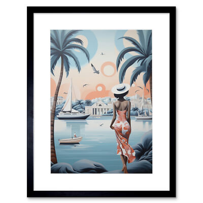 French Riviera Palm Tree Coastline Boats Woman Cote d'Azur Framed Print 12X16