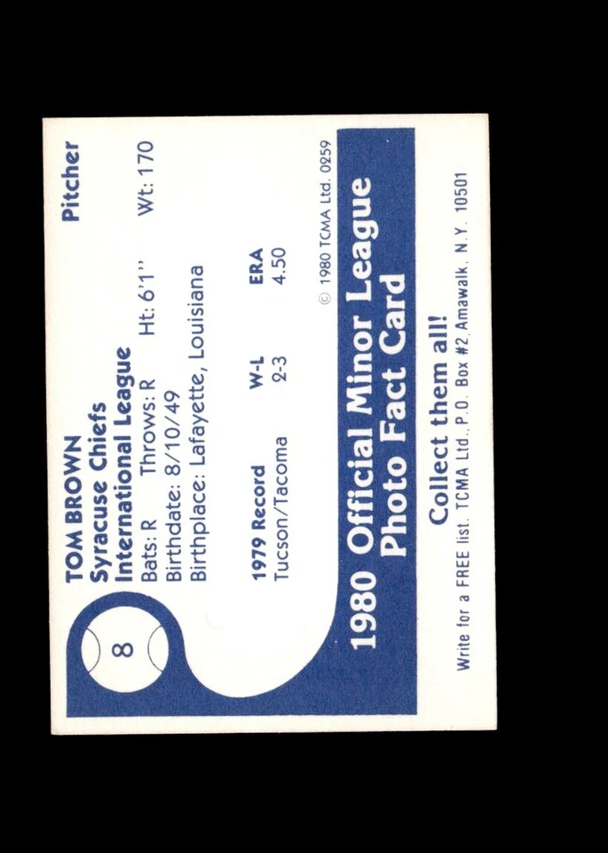 Tom Brown 1980 TCMA Syracuse Chiefs authentic autographed card - Image 2 of 2