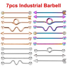 7x Industrial Barbell 14G Stainless Steel Cartilage Earring Piercing Jewelry Set