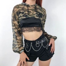 Lady Pullover Crop Tops Camouflage Sheer T-shirts Long Sleeve Hoodie Shirts Sexy
