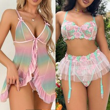Women's Lace Sheer Ruffle Babydoll Lingerie Dress Sleepwear Floral Bra Skirt Set