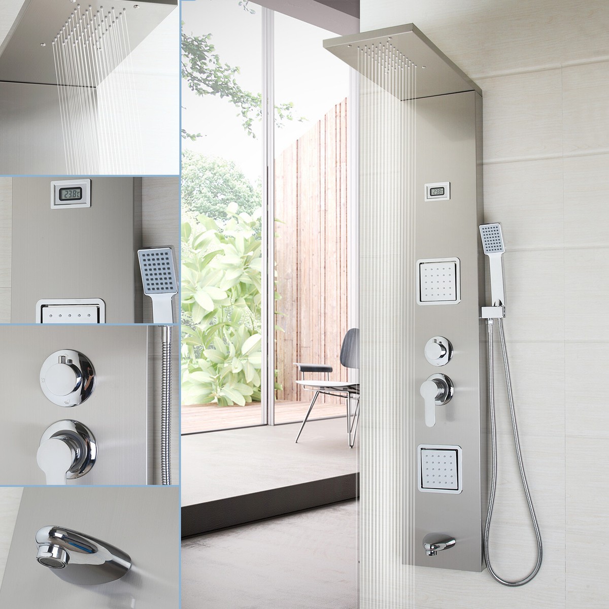 Brushed Nickel Shower Panel Rainfall Massage Jets&Hand Shower Wall 