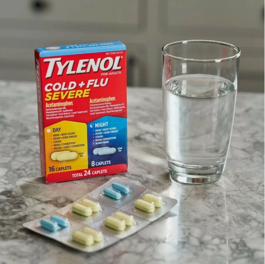 Tylenol Cold And Flu Severe Day/Night Acetaminophen 24 Caplets. EXP. 10