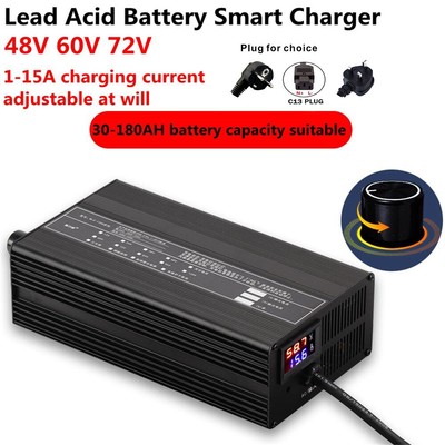 Battery Smart Charger 48V/60V/72V 15A VRLA Lead Acid Adjustable E-Bike Parts NEW