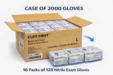 Cuff First Nitrile Exam Gloves Case 2000 Ct (16 x 125) Blue Latex-Free