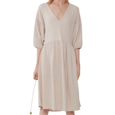 Zara Textured Puff Sleeve V-neck Midi Dress Balloon M Beige Oversized Peasant