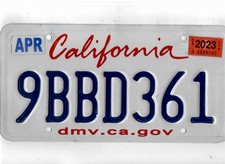 CALIFORNIA passenger 2023 license plate "9BBD361" ***NATURAL***