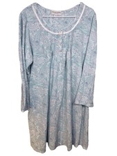 Miss Elaine Plus Size 1X Nightgown Blue Long Sleeve Smocked Blue Paisley Lace