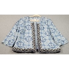 Chico's Linen Jacket Womens 2 Large Blue White Floral Damask Fringe Open Front
