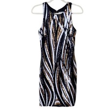 Ieena by Mac Duggal Size 4 Sleeveless Mini Sheath Dress Sequins Event Black Gold