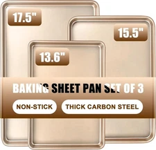 Baking Sheet Pan Set of 3, Commercial Cookie Sheets for Baking, Nonstick Half/Qu