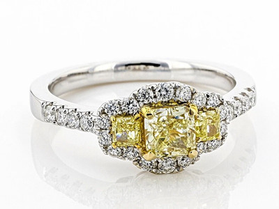 Canary Yellow 3 AsscherShape Citrine With Moissanite 10K White Gold Halo Ring FN