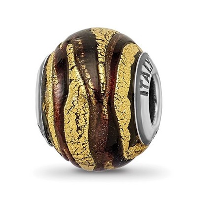 Sterling Silver Reflections Italian Brown & Gold Colored Glass Bead Pendant